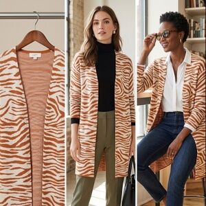LOFT XS Tiger Print Open Front Longline Cardigan Rust Ivory
